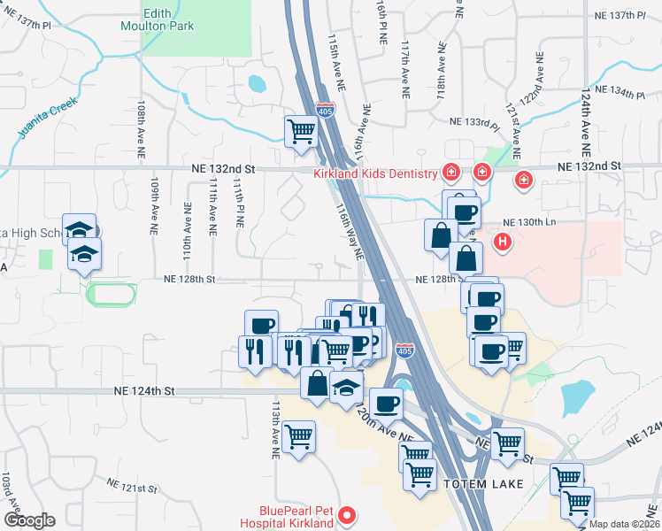 map of restaurants, bars, coffee shops, grocery stores, and more near 11500 Northeast 128th Street in Kirkland