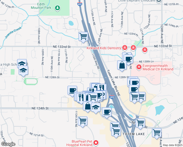 map of restaurants, bars, coffee shops, grocery stores, and more near 11420 Northeast 128th Street in Kirkland