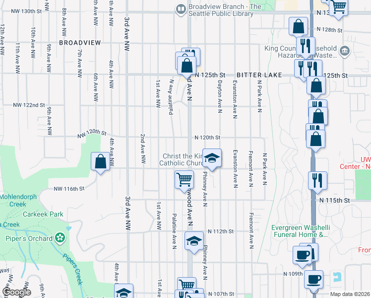 map of restaurants, bars, coffee shops, grocery stores, and more near 11726 Palatine Avenue North in Seattle