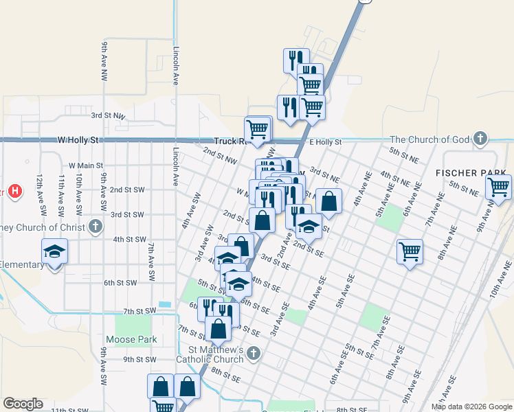 map of restaurants, bars, coffee shops, grocery stores, and more near 120 2nd Avenue Southwest in Sidney