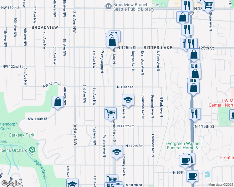 map of restaurants, bars, coffee shops, grocery stores, and more near 11740 Greenwood Avenue North in Seattle