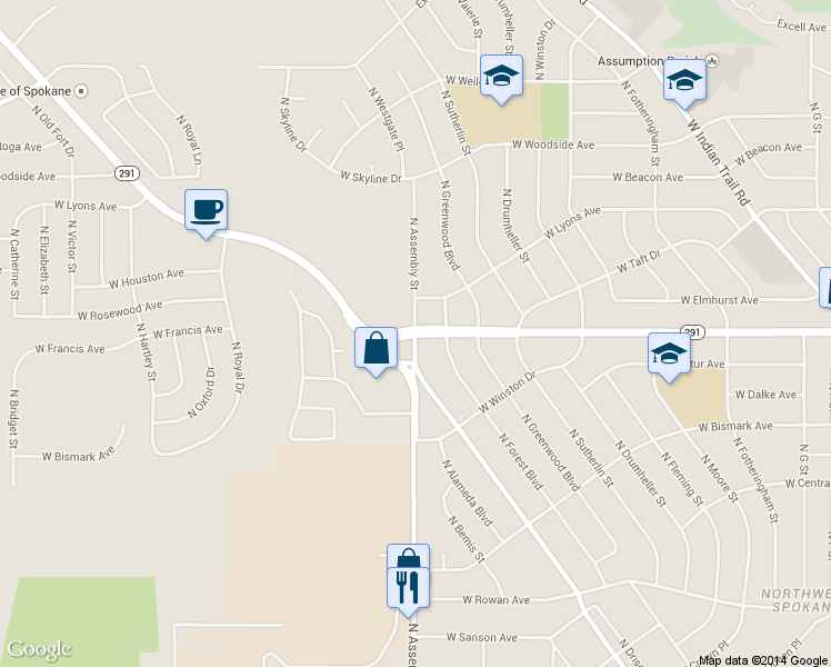 map of restaurants, bars, coffee shops, grocery stores, and more near 6306 North Assembly Street in Spokane