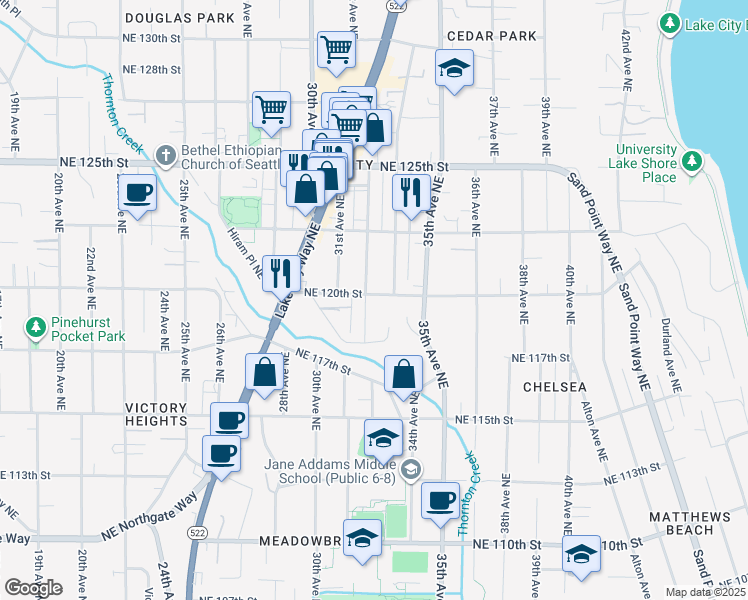 map of restaurants, bars, coffee shops, grocery stores, and more near 11827 33rd Avenue Northeast in Seattle