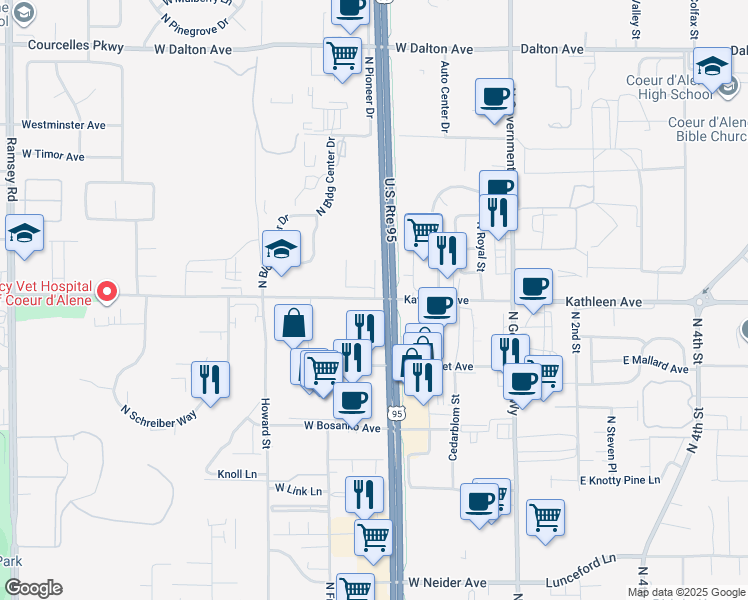 map of restaurants, bars, coffee shops, grocery stores, and more near 507 West Kathleen Avenue in Coeur d'Alene