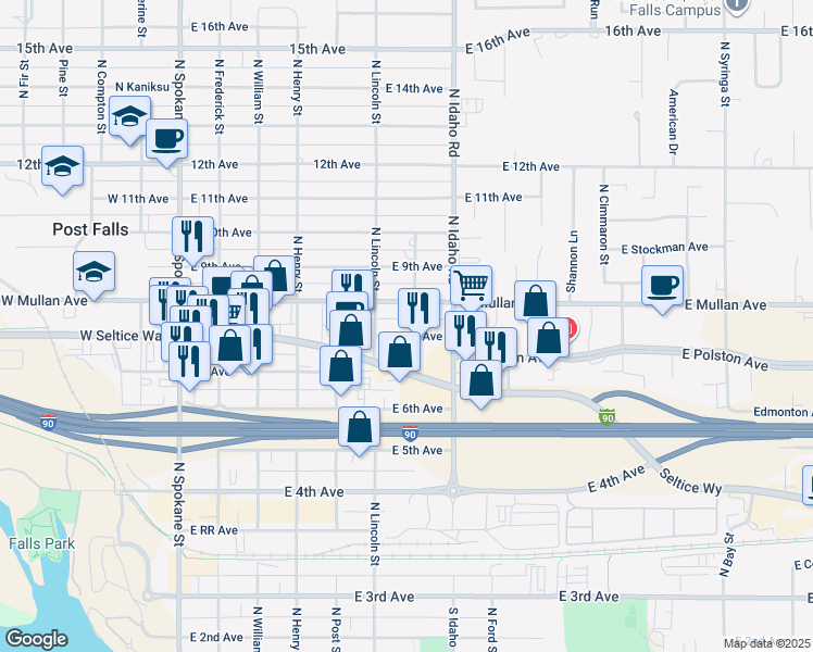 map of restaurants, bars, coffee shops, grocery stores, and more near 700 East 8th Avenue in Post Falls