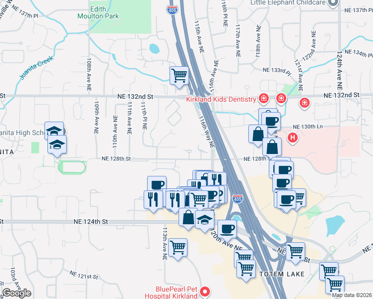 map of restaurants, bars, coffee shops, grocery stores, and more near 11420 Northeast 128th Street in Kirkland