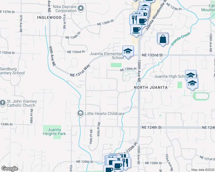 map of restaurants, bars, coffee shops, grocery stores, and more near 9613 Northeast 128th Street in Kirkland