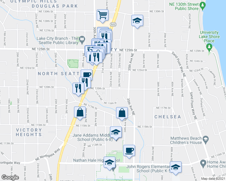 map of restaurants, bars, coffee shops, grocery stores, and more near 11827 33rd Avenue Northeast in Seattle