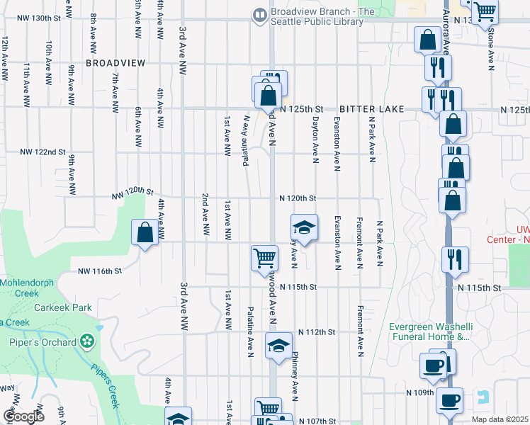 map of restaurants, bars, coffee shops, grocery stores, and more near 11726 Palatine Avenue North in Seattle