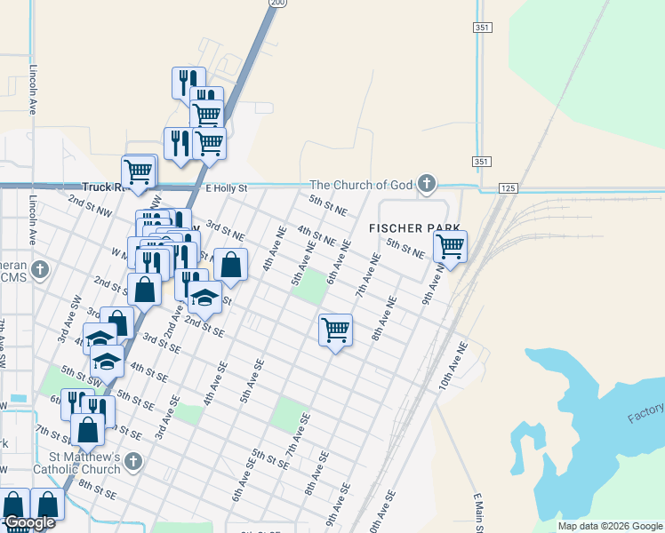 map of restaurants, bars, coffee shops, grocery stores, and more near 524 3rd Street Northeast in Sidney