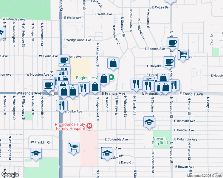 map of restaurants, bars, coffee shops, grocery stores, and more near 422 East Francis Avenue in Spokane