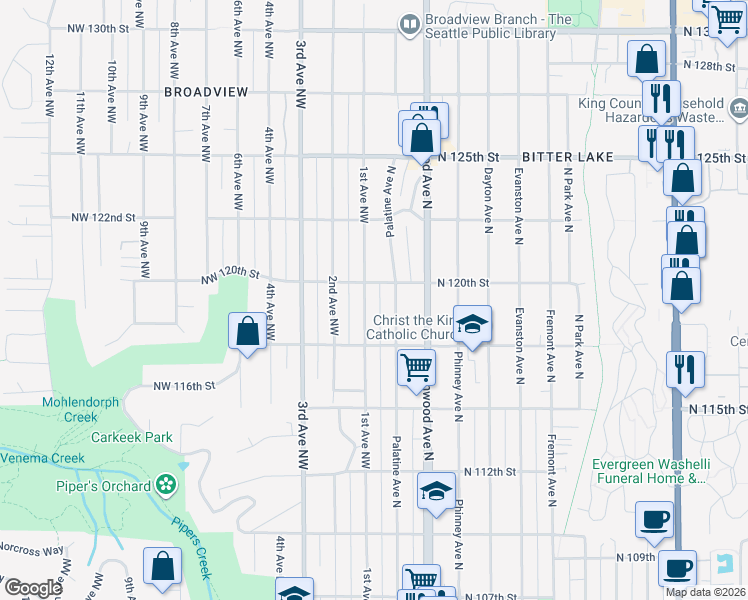 map of restaurants, bars, coffee shops, grocery stores, and more near 11728 1st Avenue Northwest in Seattle
