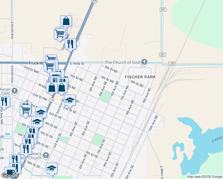 map of restaurants, bars, coffee shops, grocery stores, and more near 524 3rd Street Northeast in Sidney