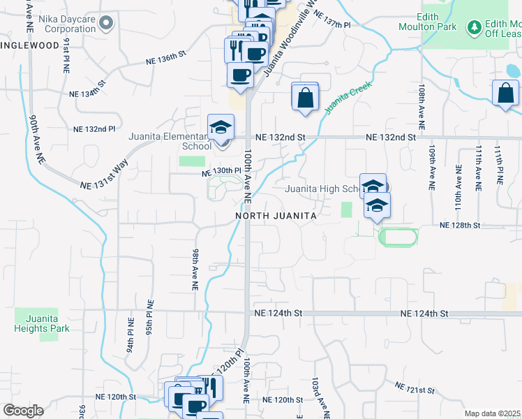 map of restaurants, bars, coffee shops, grocery stores, and more near 10026 Northeast 127th Place in Kirkland