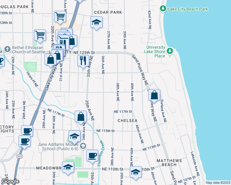 map of restaurants, bars, coffee shops, grocery stores, and more near 11741 38th Avenue Northeast in Seattle