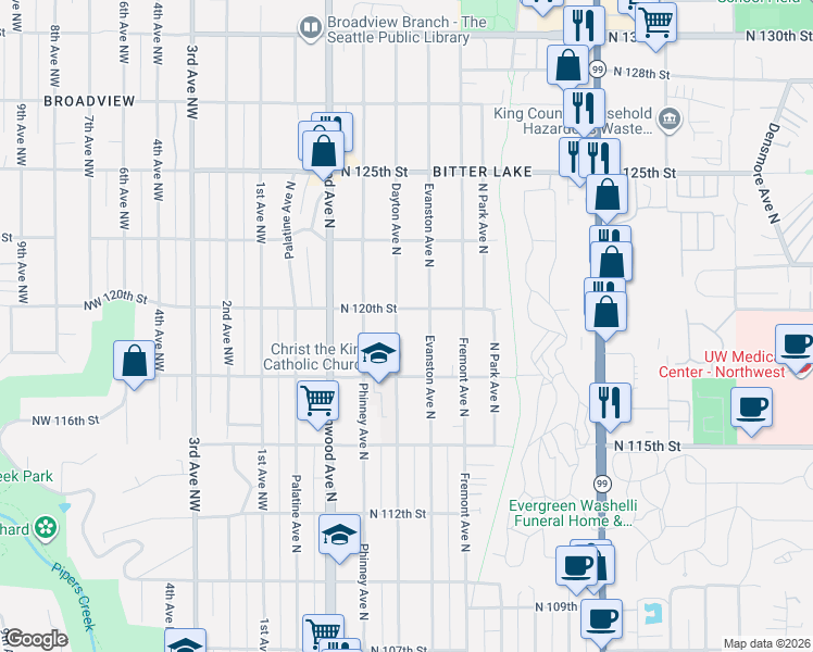 map of restaurants, bars, coffee shops, grocery stores, and more near 11725 Evanston Avenue North in Seattle
