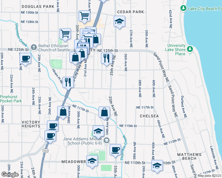 map of restaurants, bars, coffee shops, grocery stores, and more near 35th Ave NE & NE 120th St in Seattle