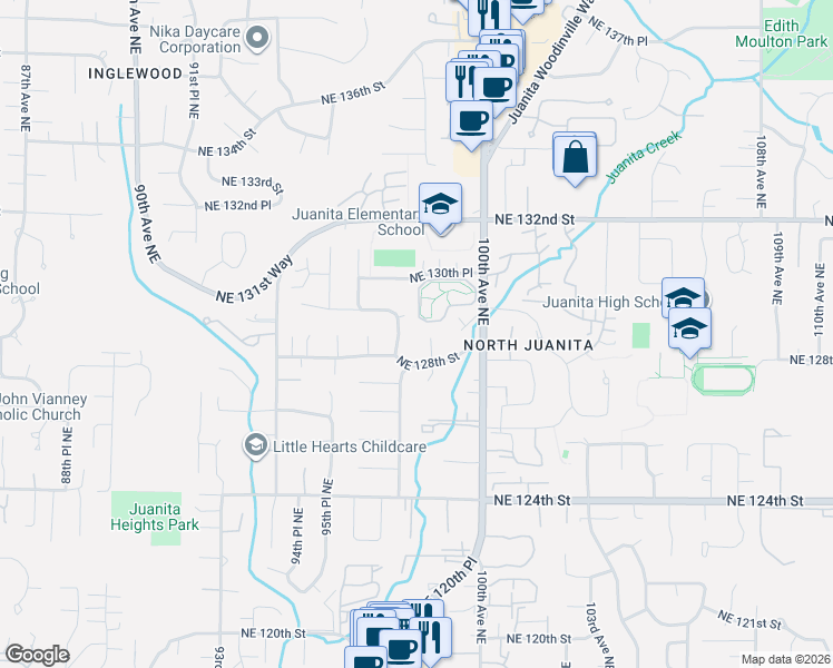 map of restaurants, bars, coffee shops, grocery stores, and more near 12819 98th Place Northeast in Kirkland