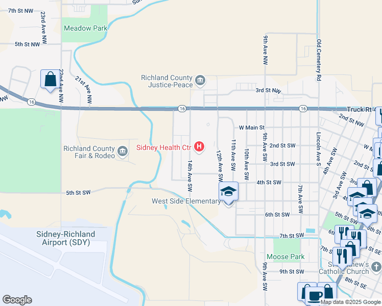 map of restaurants, bars, coffee shops, grocery stores, and more near 316 14th Avenue Southwest in Sidney