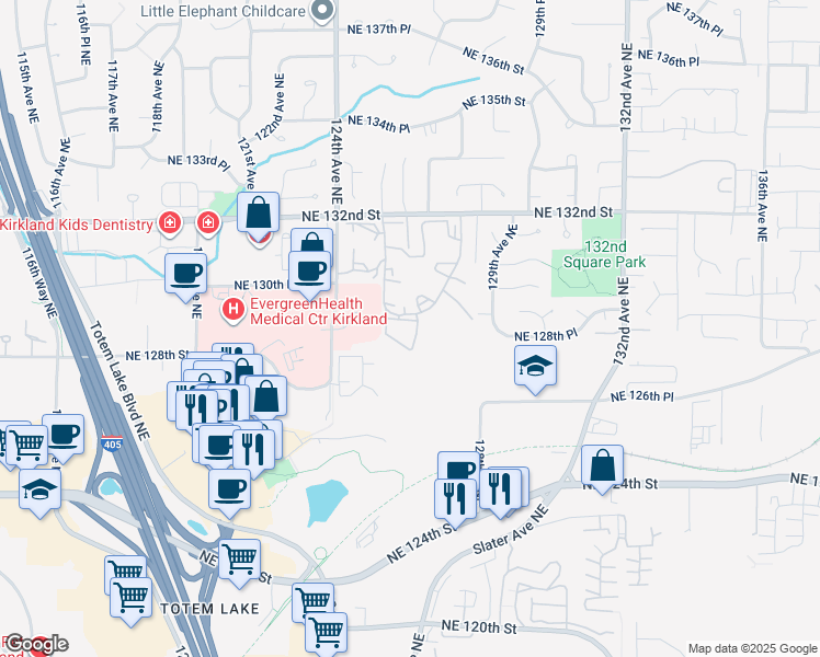map of restaurants, bars, coffee shops, grocery stores, and more near 12821 126th Way Northeast in Kirkland