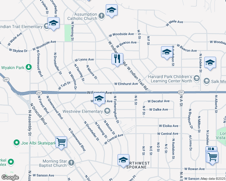 map of restaurants, bars, coffee shops, grocery stores, and more near 3503 West Francis Avenue in Spokane