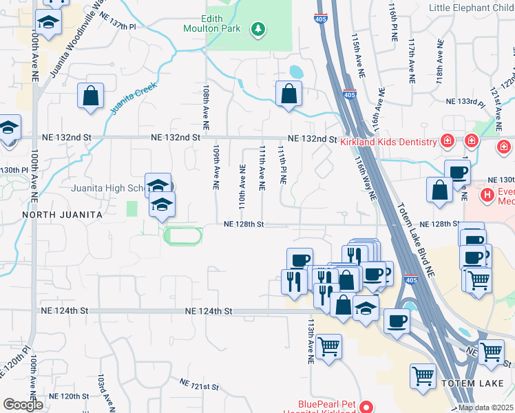 map of restaurants, bars, coffee shops, grocery stores, and more near 12804 110th Avenue Northeast in Kirkland