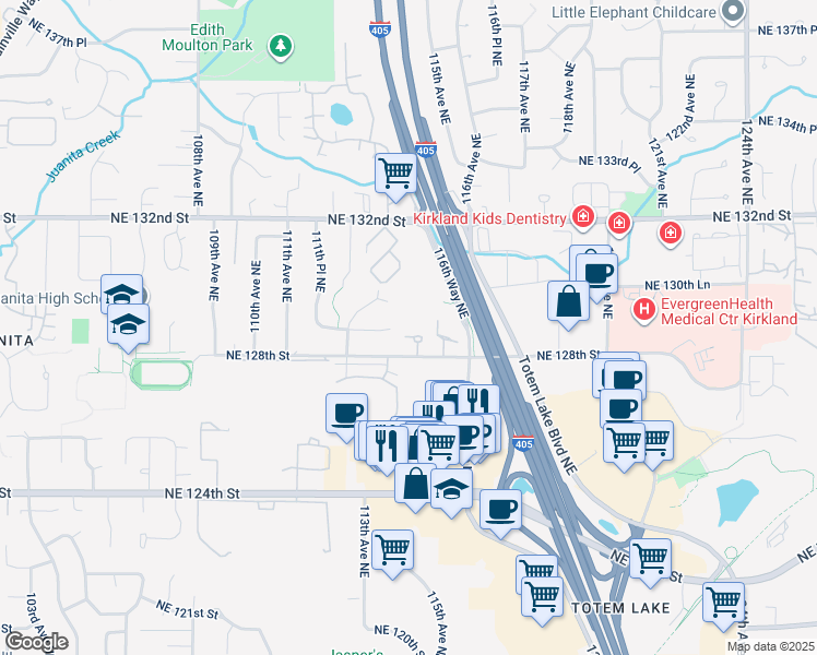 map of restaurants, bars, coffee shops, grocery stores, and more near 11416 Northeast 128th Street in Kirkland