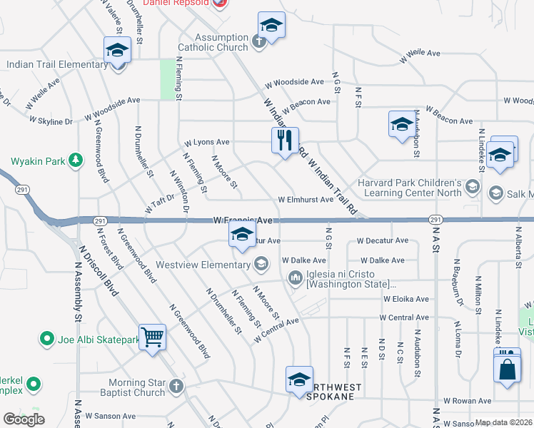 map of restaurants, bars, coffee shops, grocery stores, and more near 3503 West Francis Avenue in Spokane