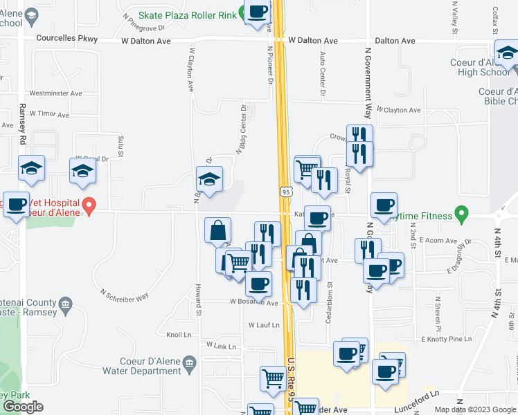 map of restaurants, bars, coffee shops, grocery stores, and more near 507 West Kathleen Avenue in Coeur d'Alene