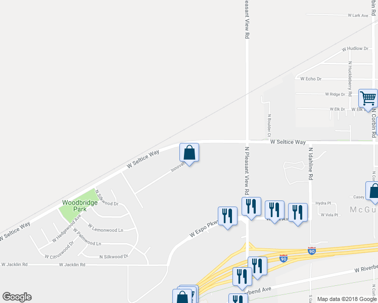 map of restaurants, bars, coffee shops, grocery stores, and more near 912 Innovation Way in Post Falls