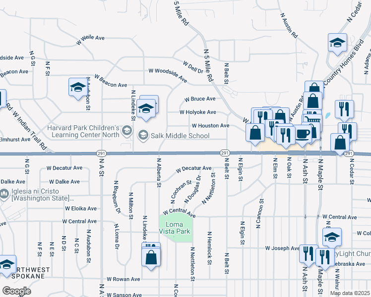 map of restaurants, bars, coffee shops, grocery stores, and more near 2504 West Francis Avenue in Spokane