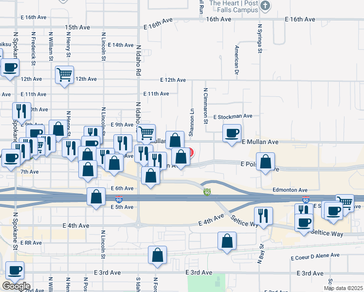 map of restaurants, bars, coffee shops, grocery stores, and more near 1109 East Polston Avenue in Post Falls