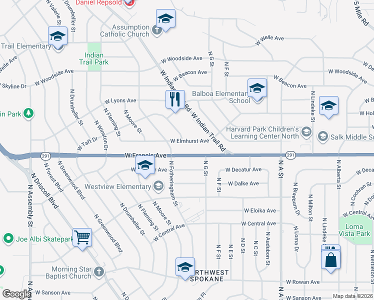 map of restaurants, bars, coffee shops, grocery stores, and more near 3327 West Francis Avenue in Spokane