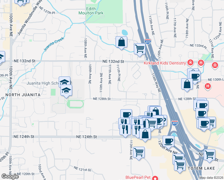 map of restaurants, bars, coffee shops, grocery stores, and more near 11112 Northeast 128th Street in Kirkland