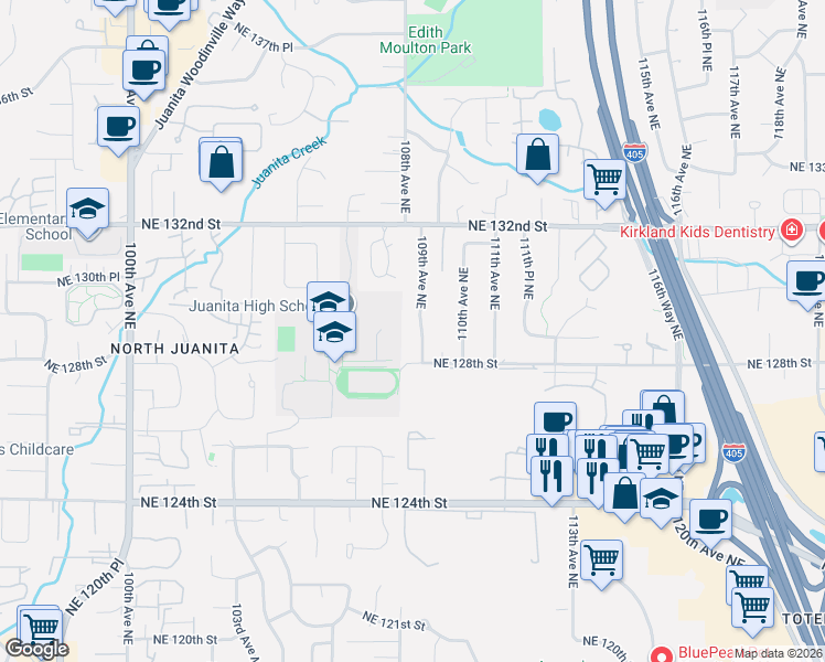 map of restaurants, bars, coffee shops, grocery stores, and more near 12805 109th Avenue Northeast in Kirkland