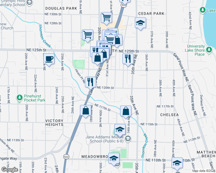 map of restaurants, bars, coffee shops, grocery stores, and more near 11842 31st Place Northeast in Seattle