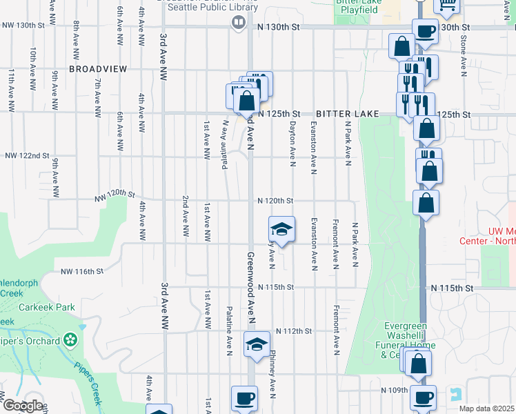 map of restaurants, bars, coffee shops, grocery stores, and more near 11726 Greenwood Avenue North in Seattle
