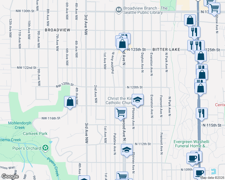 map of restaurants, bars, coffee shops, grocery stores, and more near 11726 Palatine Avenue North in Seattle