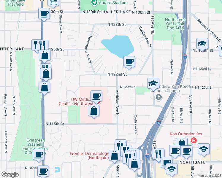 map of restaurants, bars, coffee shops, grocery stores, and more near 1911 North 120th Street in Seattle