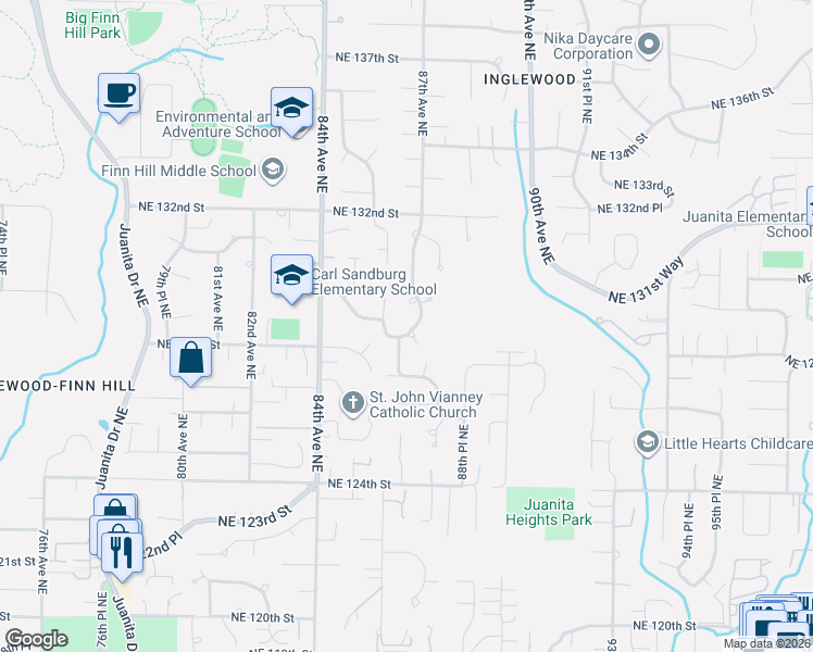 map of restaurants, bars, coffee shops, grocery stores, and more near 12821 87th Avenue Northeast in Kirkland