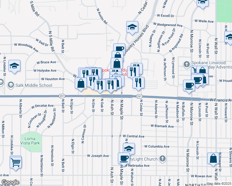 map of restaurants, bars, coffee shops, grocery stores, and more near 6215 North Ash Street in Spokane