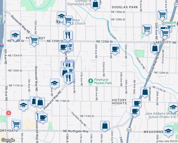 map of restaurants, bars, coffee shops, grocery stores, and more near 19th Ave NE & NE 120th St in Seattle