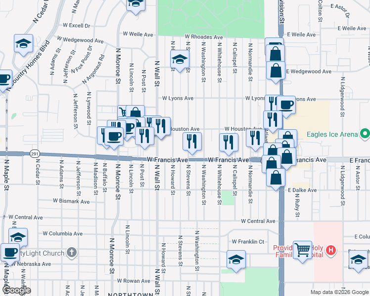 map of restaurants, bars, coffee shops, grocery stores, and more near 6412 North Howard Street in Spokane