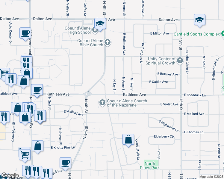 map of restaurants, bars, coffee shops, grocery stores, and more near 4935 North Ezy Street in Coeur d'Alene