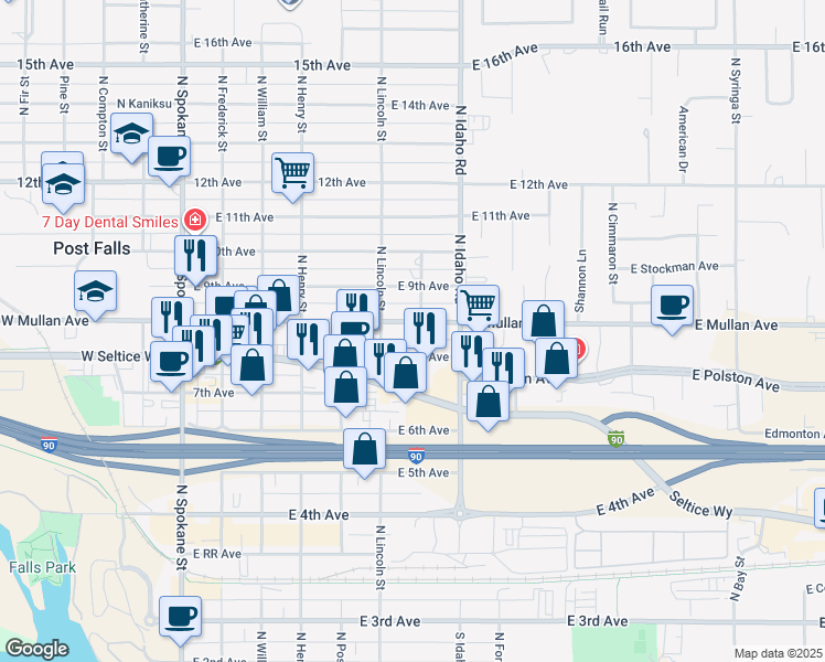 map of restaurants, bars, coffee shops, grocery stores, and more near 608 East 9th Avenue in Post Falls