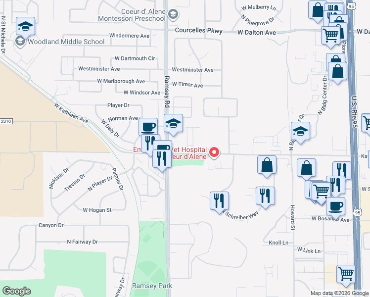 map of restaurants, bars, coffee shops, grocery stores, and more near in Coeur d'Alene