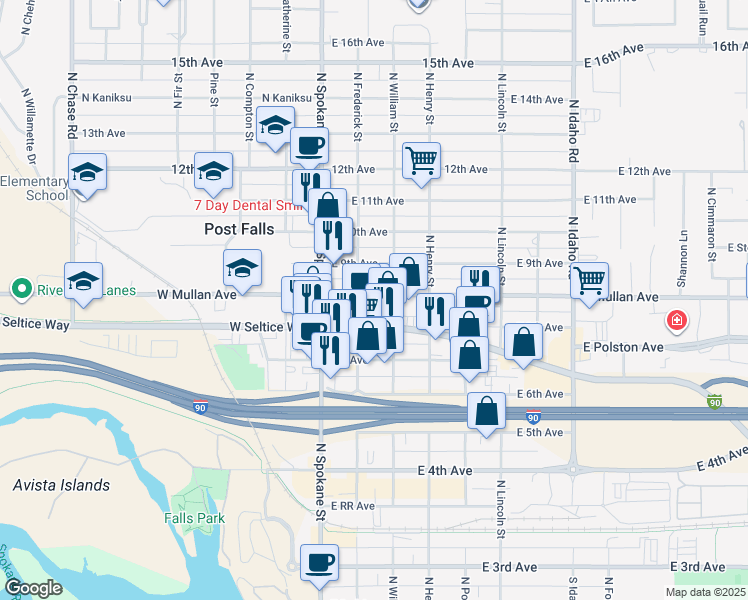 map of restaurants, bars, coffee shops, grocery stores, and more near 812 North Frederick Street in Post Falls