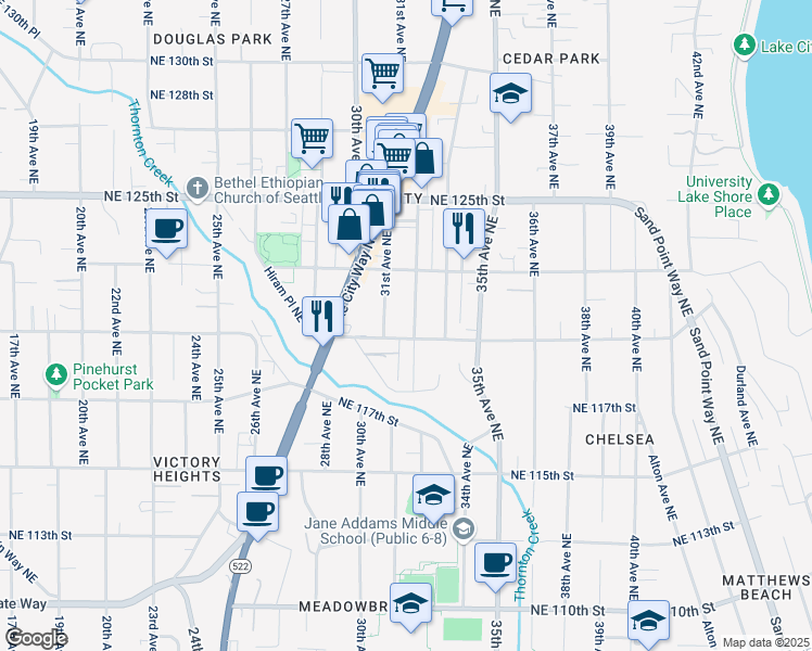 map of restaurants, bars, coffee shops, grocery stores, and more near 12038 31st Avenue Northeast in Seattle