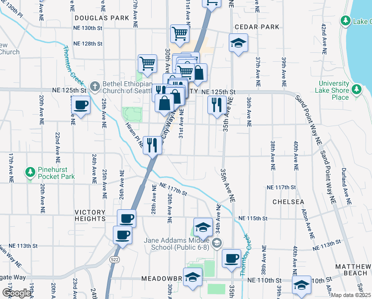 map of restaurants, bars, coffee shops, grocery stores, and more near 12038 31st Avenue Northeast in Seattle