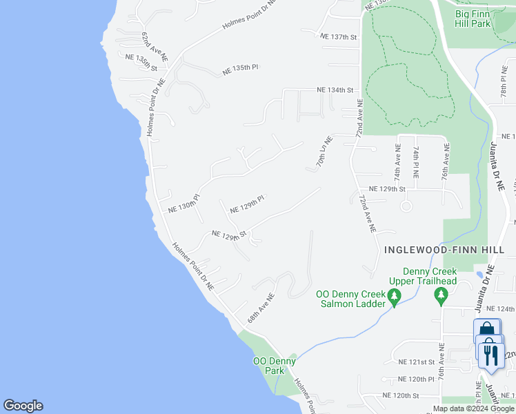 map of restaurants, bars, coffee shops, grocery stores, and more near 6447 Northeast 129th Place in Kirkland